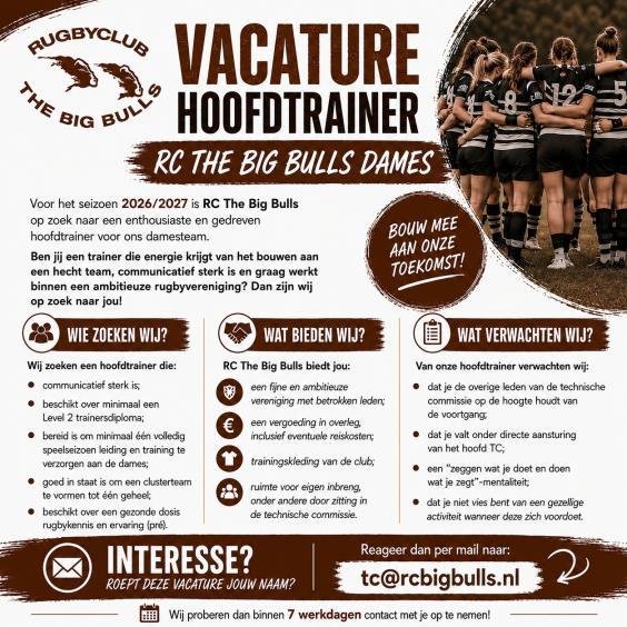 Vacature hoofdtrainer RC The Big Bulls Dames
